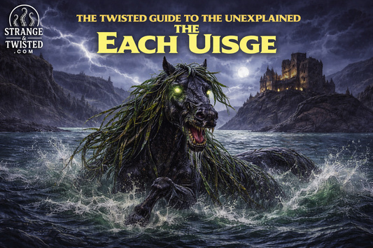 The Each Uisge from Scottish and Irish folklore rising from a stormy loch, demonic water horse with glowing eyes featured in The Twisted Guide to the Unexplained