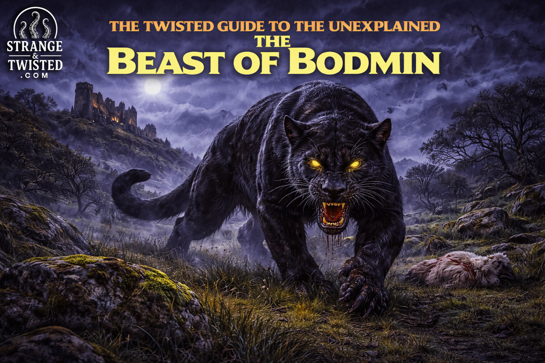 The Beast of Bodmin stalking across Bodmin Moor at night, black panther cryptid from Cornwall featured in The Twisted Guide to the Unexplained