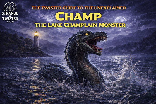 Champ the Lake Champlain Monster rising from dark waters at night, legendary American lake cryptid featured in The Twisted Guide to the Unexplained