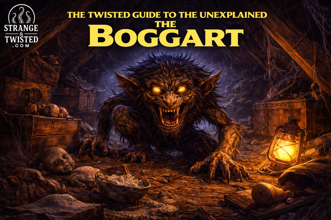 The Boggart from English folklore crouching in a dark attic with glowing yellow eyes, mischievous household spirit featured in The Twisted Guide to the Unexplained