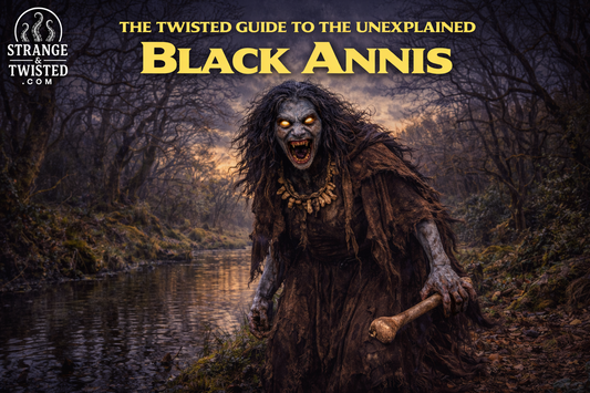 Black Annis standing beside a forest pond at dusk, terrifying English folklore hag with glowing eyes featured in The Twisted Guide to the Unexplained