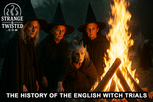 Hyper-realistic photo of four witches standing around a blazing bonfire at night, their faces illuminated by firelight in a dark village setting. By Strange & Twisted