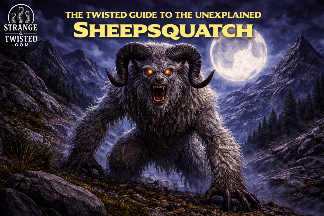Sheepsquatch cryptid standing in Appalachian mountains under a full moon, horned sheep like monster featured in The Twisted Guide to the Unexplaine