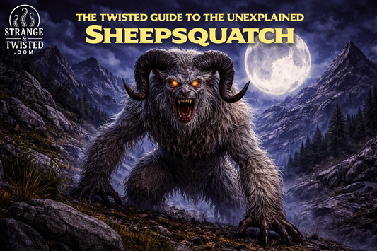 Sheepsquatch cryptid standing in Appalachian mountains under a full moon, horned sheep like monster featured in The Twisted Guide to the Unexplaine