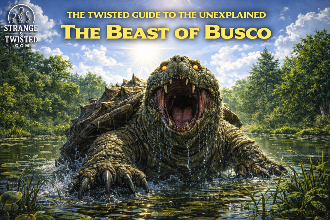 The Beast of Busco giant snapping turtle cryptid emerging from a pond under the midday sun, Indiana lake monster featured in The Twisted Guide to the Unexplained