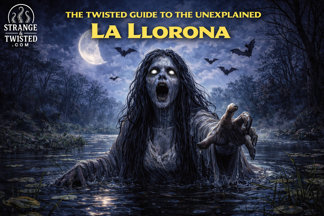 La Llorona emerging from a dark pond under a half moon with bats overhead, legendary weeping woman from Mexican folklore featured in The Twisted Guide to the Unexplained