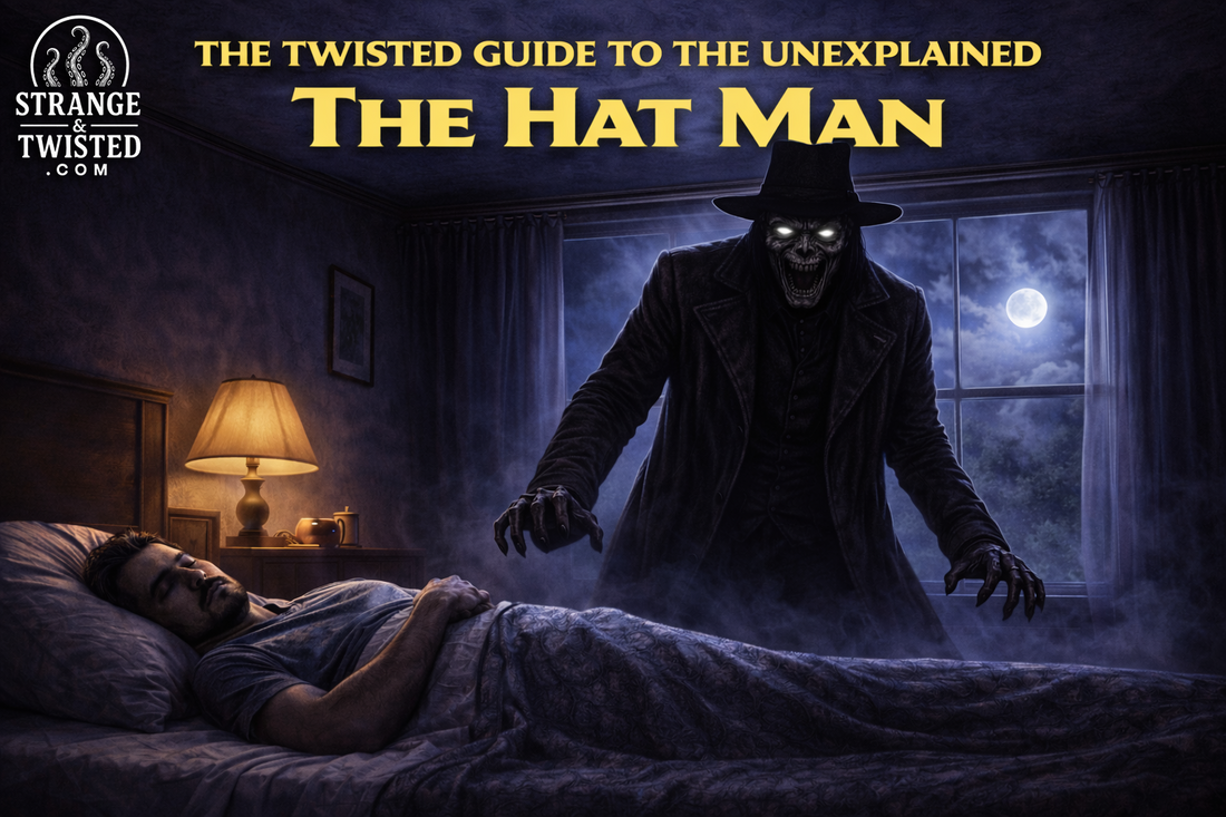 The Hat Man shadow figure standing over a sleeping man in a dark bedroom, glowing eyed entity from sleep paralysis urban legend featured in The Twisted Guide to the Unexplained