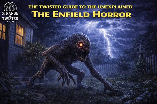 The Enfield Horror prowling a suburban garden at night during a thunderstorm, three legged Illinois cryptid featured in The Twisted Guide to the Unexplained