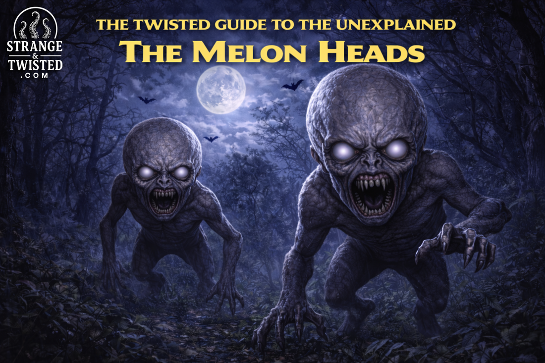 The Melon Heads cryptid prowling through a dark forest at night beneath a full moon, enlarged swollen heads and glowing eyes in horror folklore The Twisted Guide To The Unexplained