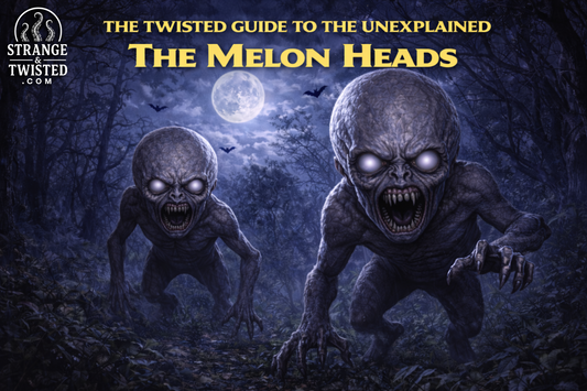 The Melon Heads cryptid prowling through a dark forest at night beneath a full moon, enlarged swollen heads and glowing eyes in horror folklore The Twisted Guide To The Unexplained