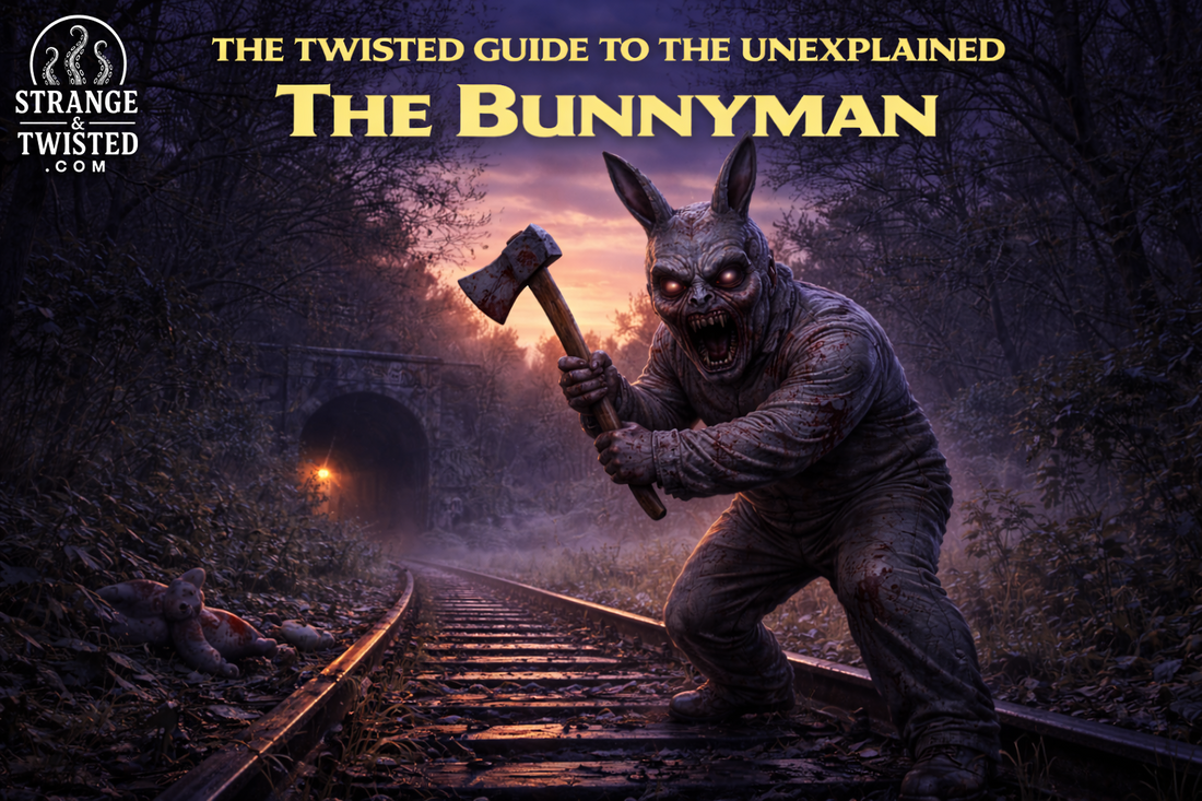 The Bunnyman cryptid prowling along misty train tracks at dawn with axe raised, creepy Fairfax County legend from The Twisted Guide To The Unexplained