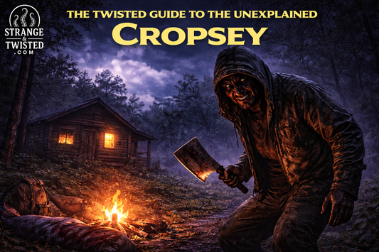 Cropsey legend depicted in The Twisted Guide To The Unexplained, sinister axe wielding figure near a cabin in the woods under a stormy sky