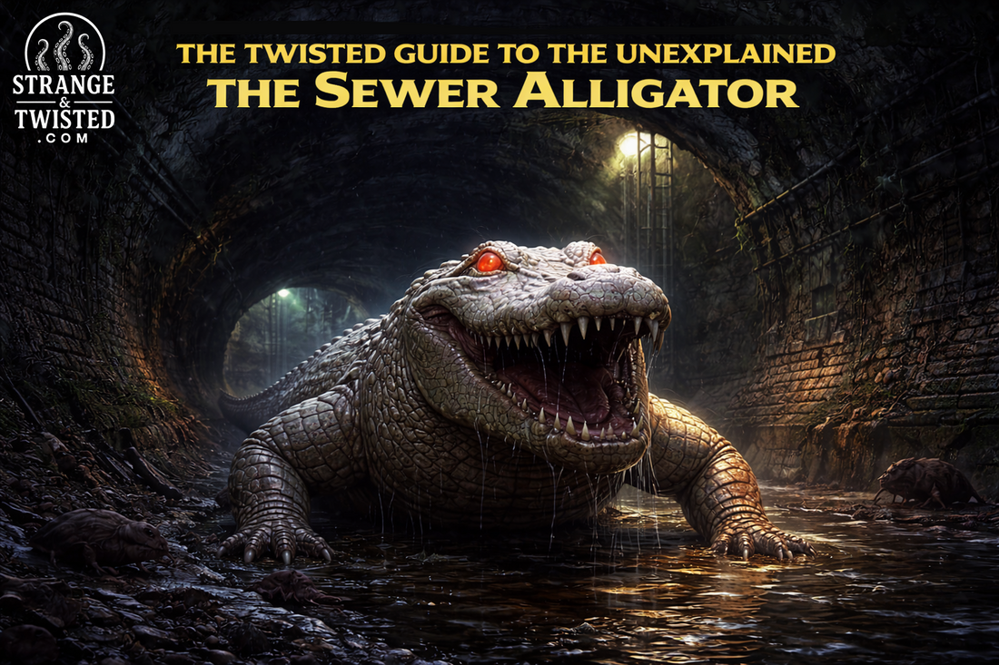 Albino sewer alligator legend featured in The Twisted Guide To The Unexplained, monstrous white reptile prowling a shadowy storm drain beneath the city