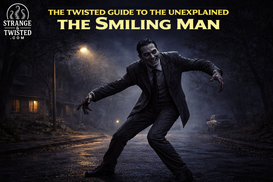 Ingrid Cold The Smiling Man featured in The Twisted Guide To The Unexplained, sinister grinning figure dancing beneath a lone streetlight in a foggy night street