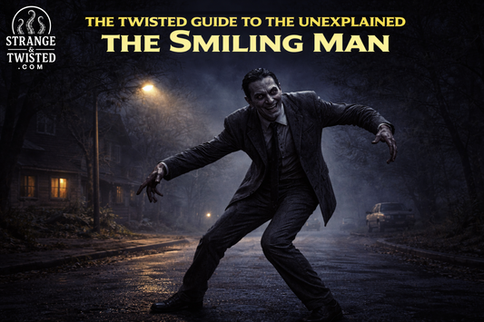 Ingrid Cold The Smiling Man featured in The Twisted Guide To The Unexplained, sinister grinning figure dancing beneath a lone streetlight in a foggy night street