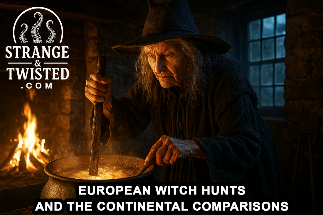 Hyper-realistic photo of an elderly witch stirring a glowing cauldron in a stone cottage, firelight and moonlight casting natural shadows across her face. By Strange & Twisted