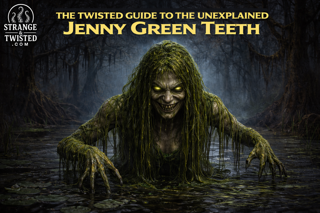 Jenny Green Teeth featured in The Twisted Guide To The Unexplained, eerie algae covered water spirit lurking in a haunted swamp