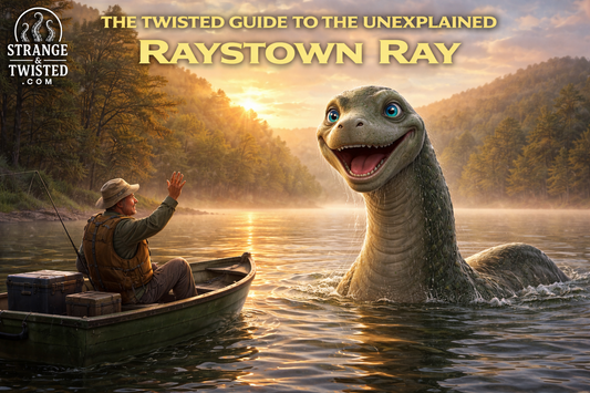Raystown Ray featured in The Twisted Guide To The Unexplained, cheerful lake monster surfacing beside a fisherman at dawn in Raystown Lake