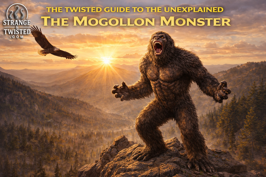 Mogollon Monster screaming on an Arizona mountain at sunset, giant Bigfoot-like cryptid overlooking forested valleys with eagle flying, The Twisted Guide To The Unexplained blog hero image