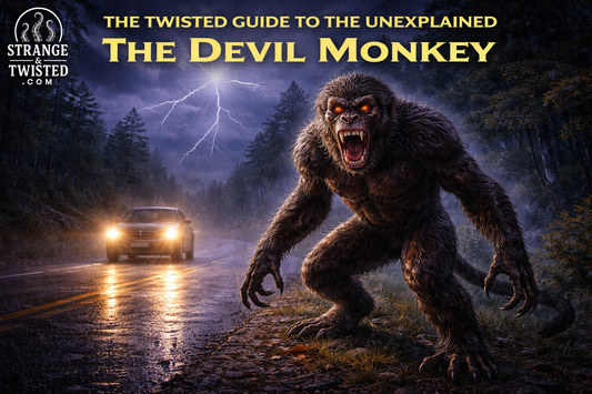 Devil Monkey cryptid standing on a dark rural road during a thunderstorm, illuminated by car headlights and lightning, horror folklore artwork for The Twisted Guide To The Unexplained