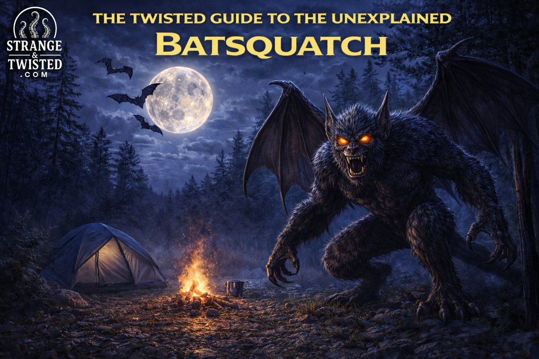 Batsquatch featured in The Twisted Guide To The Unexplained, terrifying winged Bigfoot emerging at a forest campsite beneath a full moon