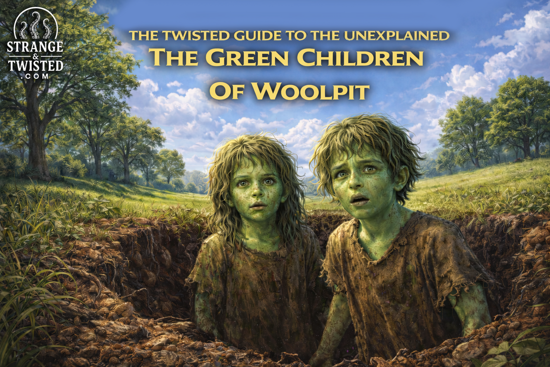 The Twisted Guide To The Unexplained The Green Children of Woolpit cryptid folklore artwork featuring two mysterious green children in rural England