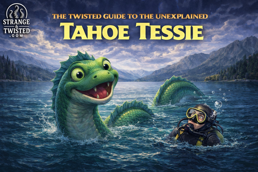 Tahoe Tessie lake monster swimming in Lake Tahoe beside startled scuba diver, The Twisted Guide To The Unexplained hero image featuring friendly cryptid, Sierra Nevada mountains and dramatic sky