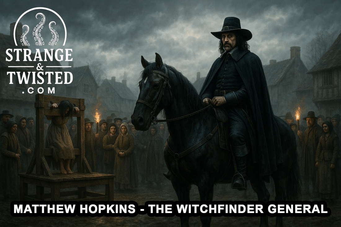 Matthew Hopkins on horseback overseeing a witch trial in a misty 17th-century English village. By Strange & Twisted