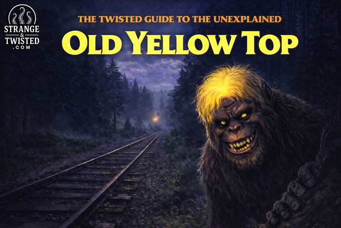 Old Yellow Top cryptid lurking beside railway tracks at night, glowing yellow hair shining in dark forest, The Twisted Guide To The Unexplained hero image