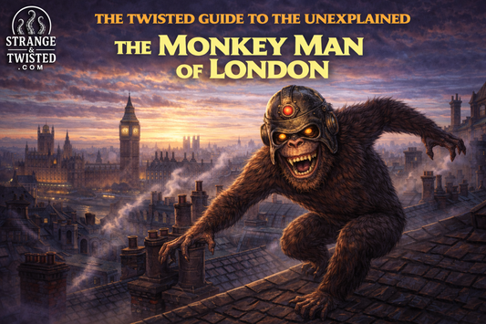 The Monkey Man of London running across rooftops at dawn with metallic helmet, The Twisted Guide To The Unexplained paranormal blog hero image set over London skyline