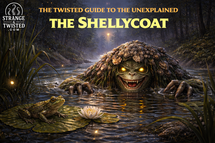 The Shellycoat emerging from dark forest river with glowing eyes and claws above water, The Twisted Guide To The Unexplained folklore blog hero image