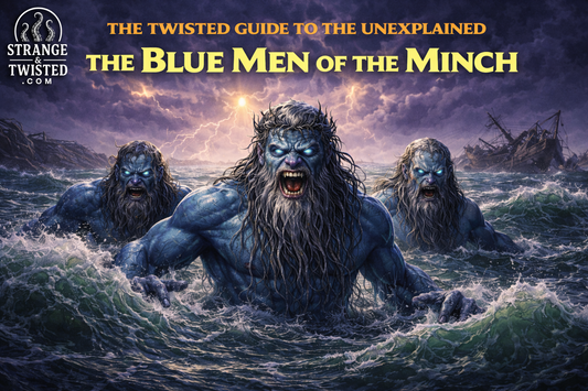 The Blue Men of the Minch rising from stormy Scottish sea with glowing eyes and grey beards, The Twisted Guide To The Unexplained folklore blog hero image