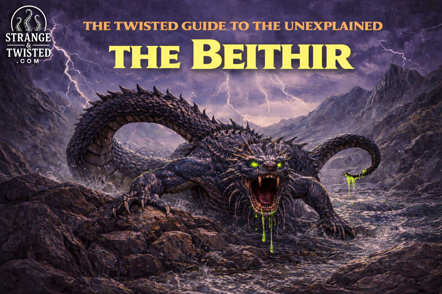 The Beithir Scottish dragon crawling over Highland rocks in lightning storm, The Twisted Guide To The Unexplained folklore blog hero image