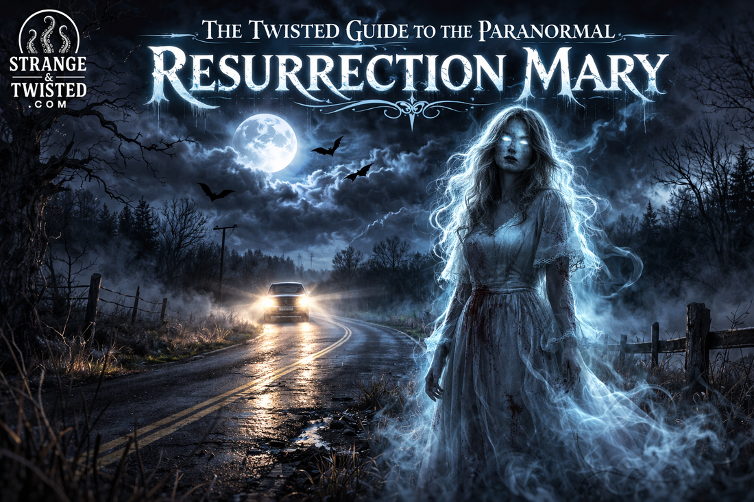 Resurrection Mary ghost standing on deserted moonlit road with glowing eyes and approaching headlights, The Twisted Guide To The Paranormal hero image