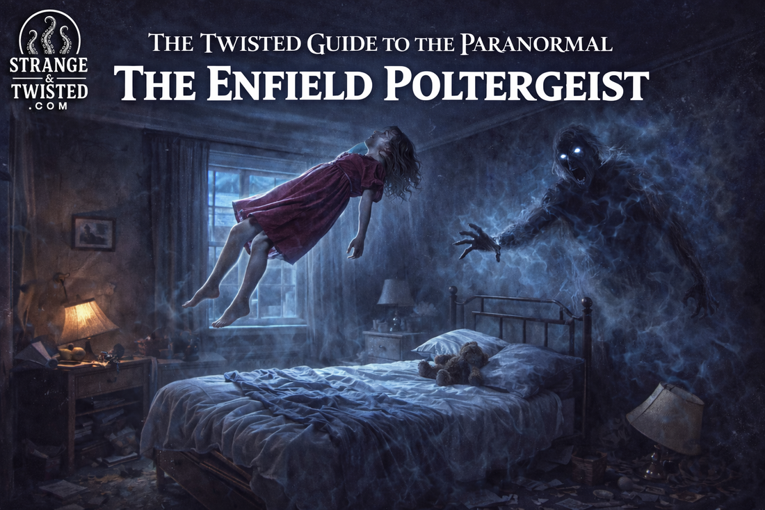 The Enfield Poltergeist levitating girl above bed in haunted bedroom scene, The Twisted Guide To The Paranormal hero image featuring shadowy spirit
