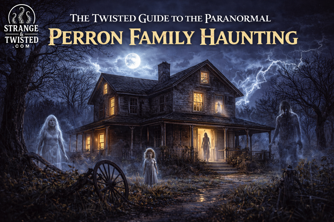 Perron family haunted farmhouse surrounded by different ghostly apparitions at night, The Twisted Guide To The Paranormal blog hero imag
