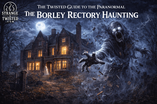 Borley Rectory haunting with terrifying poltergeist emerging beside the abandoned rectory at night, The Twisted Guide To The Paranormal blog hero image