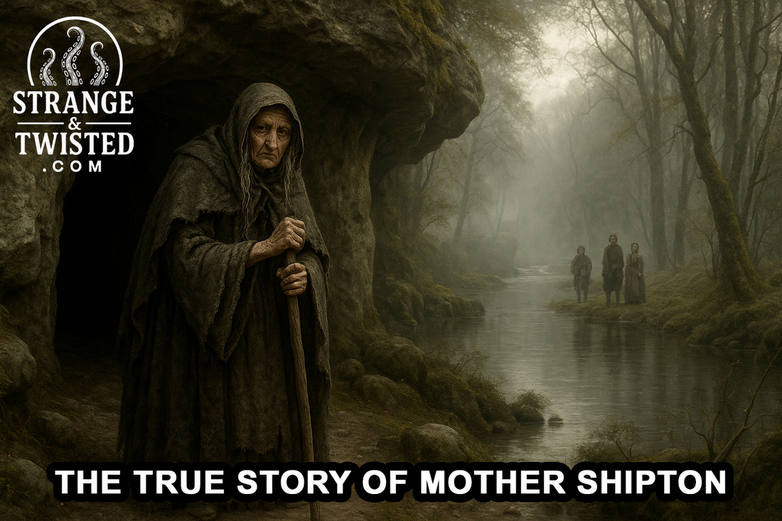 The witch Mother Shipton stands outside her cave by a misty river in 16th-century Knaresborough. By Strange & Twisted