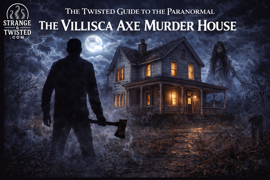 Villisca Axe Murder House at night with shadowy man holding axe and ghost apparition behind house, The Twisted Guide To The Paranormal hero image