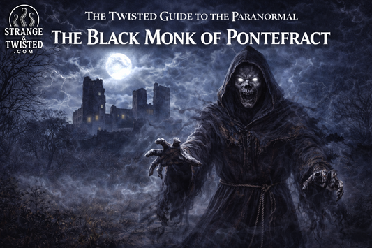 The Black Monk of Pontefract ghost standing before Pontefract ruins at night, sinister hooded spirit from The Twisted Guide To The Paranormal