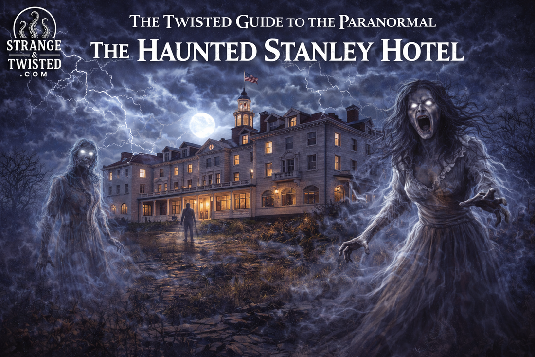 The Haunted Stanley Hotel with ghost apparitions and lightning storm, The Twisted Guide To The Paranormal blog hero image