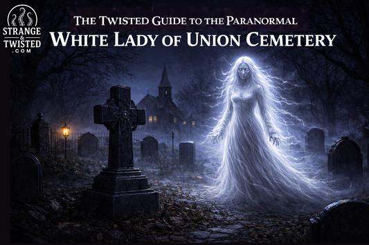 White Lady of Union Cemetery ghost standing among gravestones on a dark moonless night, The Twisted Guide To The Paranormal blog hero image