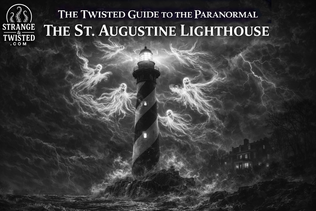 St Augustine Lighthouse haunting with ghostly apparitions circling the tower above stormy sea, The Twisted Guide To The Paranormal blog hero image