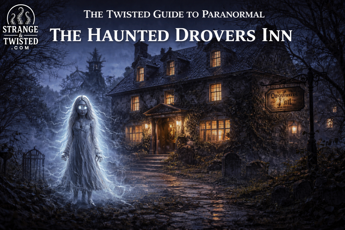 Haunted Drovers Inn in Scotland with ghostly little girl apparition standing outside at night, The Twisted Guide To The Paranormal blog hero image