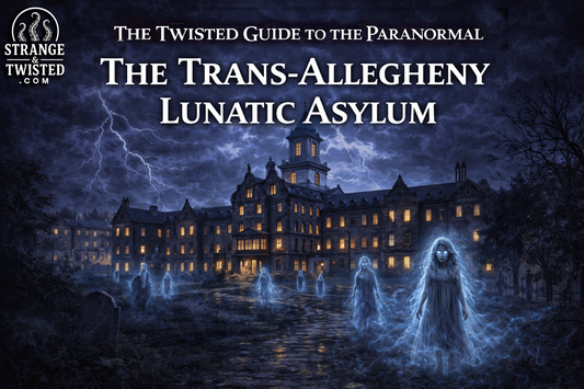 Trans Allegheny Lunatic Asylum haunted scene with ghostly figures walking the grounds at night, The Twisted Guide To The Paranormal blog hero image