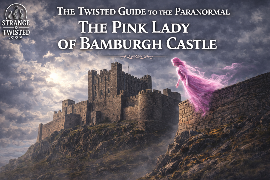 Pink Lady of Bamburgh Castle ghost standing on castle wall in daylight, The Twisted Guide To The Paranormal blog hero image