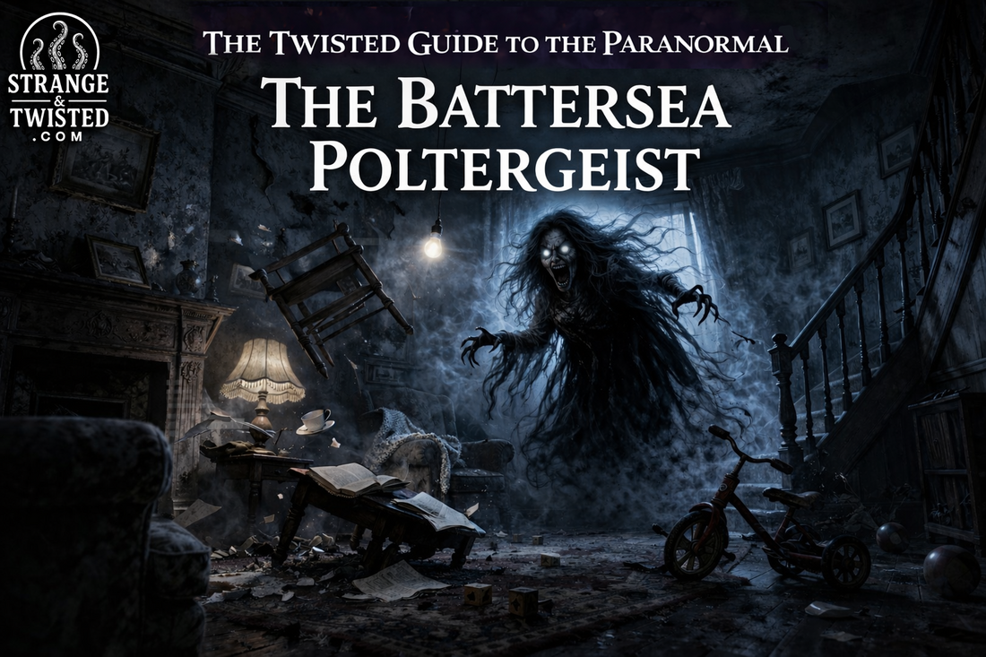 Battersea Poltergeist haunting scene with violent ghost causing chaos in Victorian room, The Twisted Guide To The Paranormal blog hero image