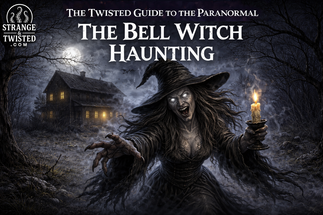 Bell Witch haunting scene with sinister witch figure holding candle outside haunted farmhouse, The Twisted Guide To The Paranormal blog hero image