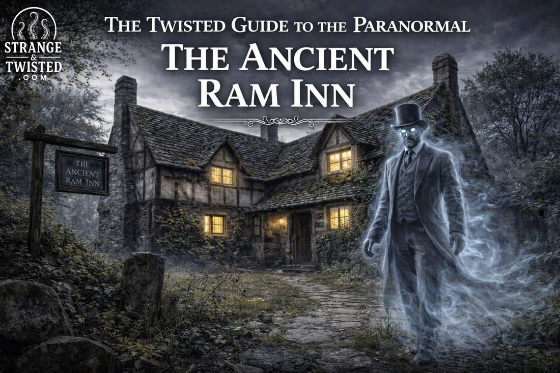 Ancient Ram Inn haunted scene with Victorian ghost standing outside historic inn in daylight, The Twisted Guide To The Paranormal blog hero image