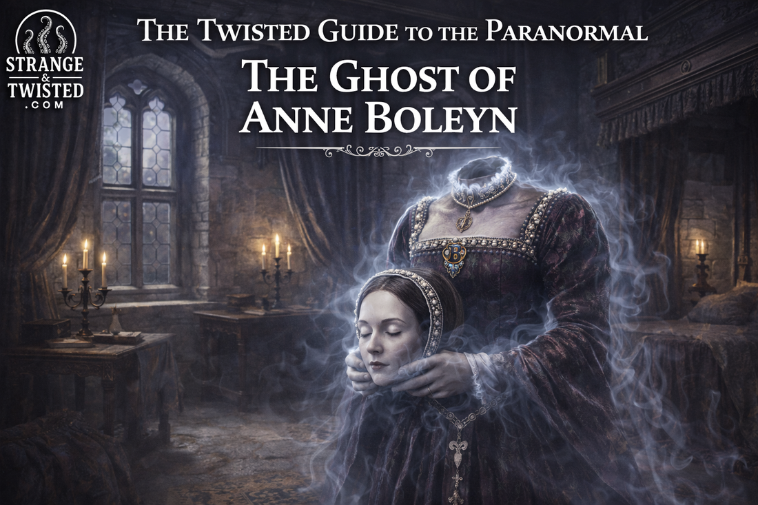 Ghost of Anne Boleyn headless holding her head inside haunted castle room, The Twisted Guide To The Paranormal blog hero image
